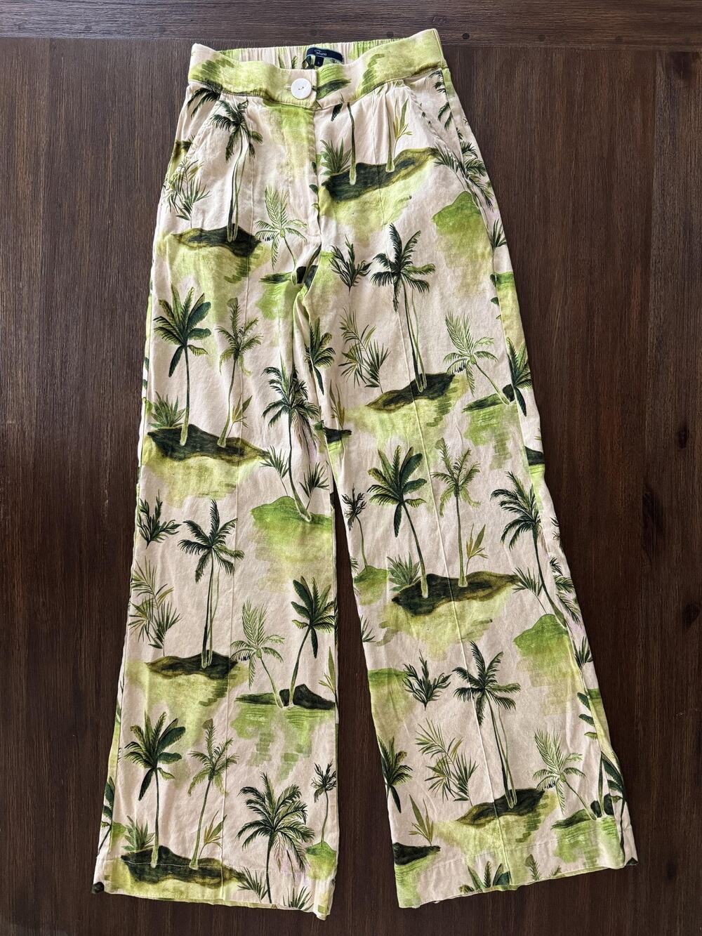 Shore Pants Womens Small Green Palm Print Linen Blend Wide Leg Pull On Vacation